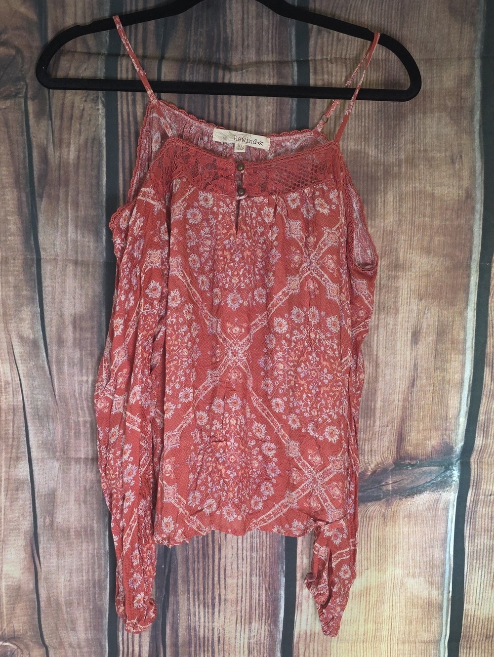 Rewind XL Rust Red Floral Lace-Trim Spaghetti Strap Top
